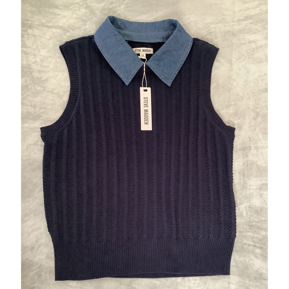Steve Madden Navy Knit Sweater Vest with Detachable Denim Collar DA11075F